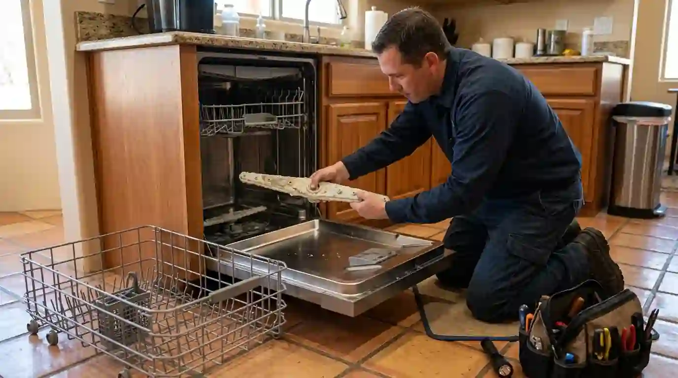 Technician removing a scaled spray arm from an open dishwasher