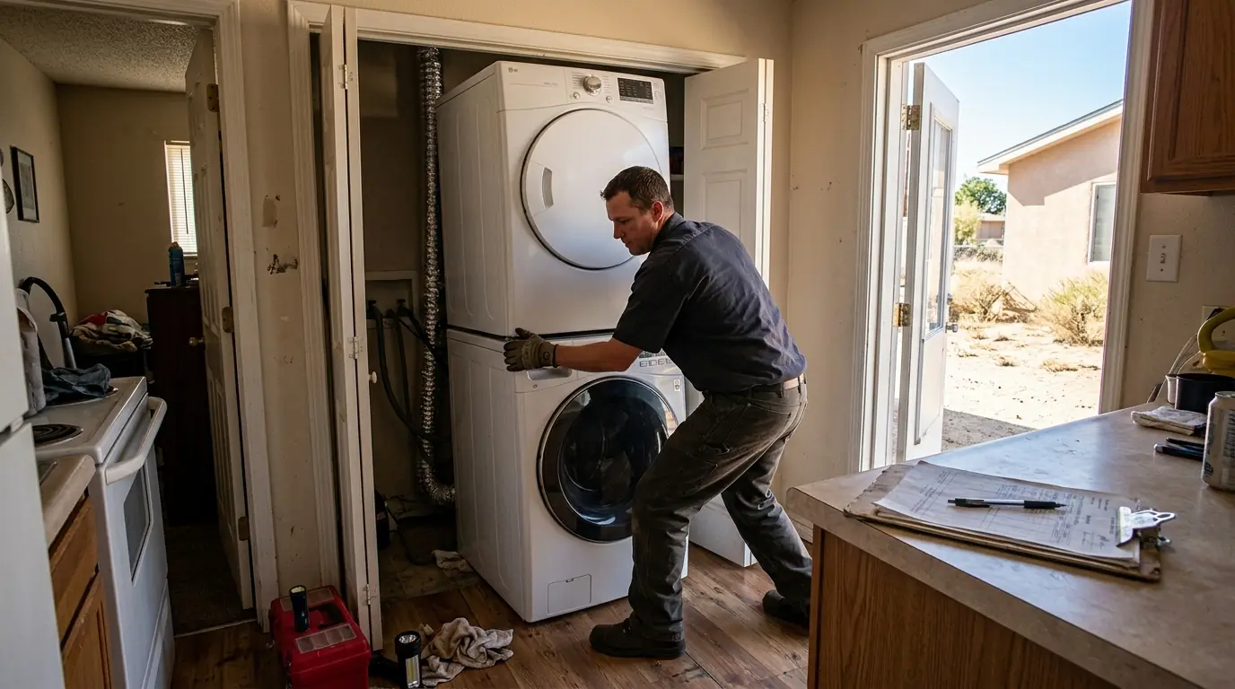 Technician servicing a stacked washer-dryer in a College Boulevard rental