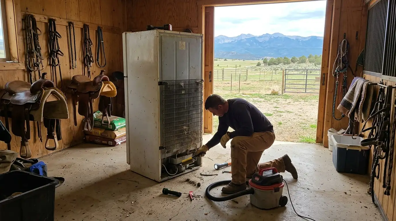 Technician servicing a barn refrigerator on Florida Mesa near Durango
