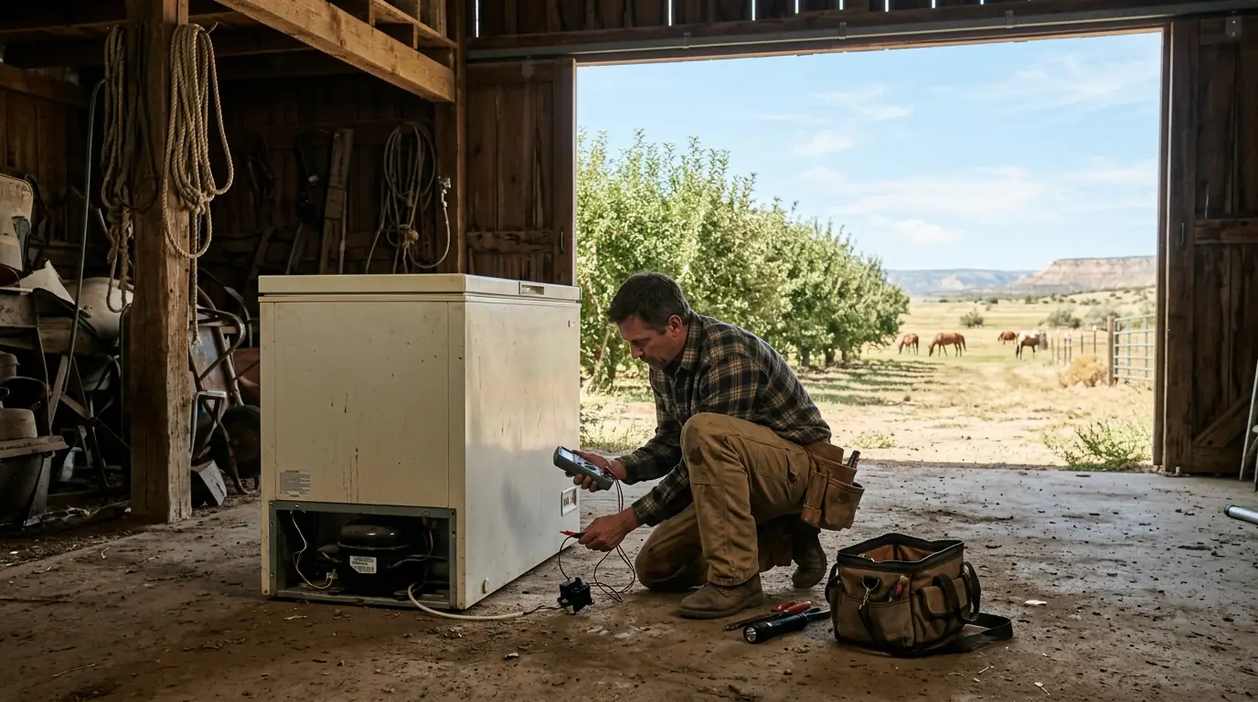 Technician repairing a chest freezer in a Flora Vista barn