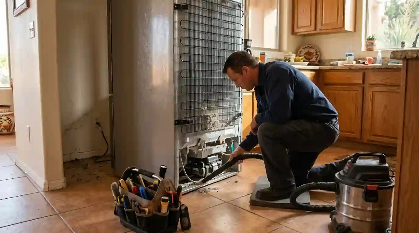 Technician cleaning refrigerator condenser coils during a Farmington tune-up