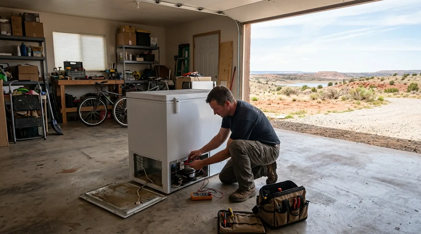 Technician testing a chest freezer in a Lake Farmington garage