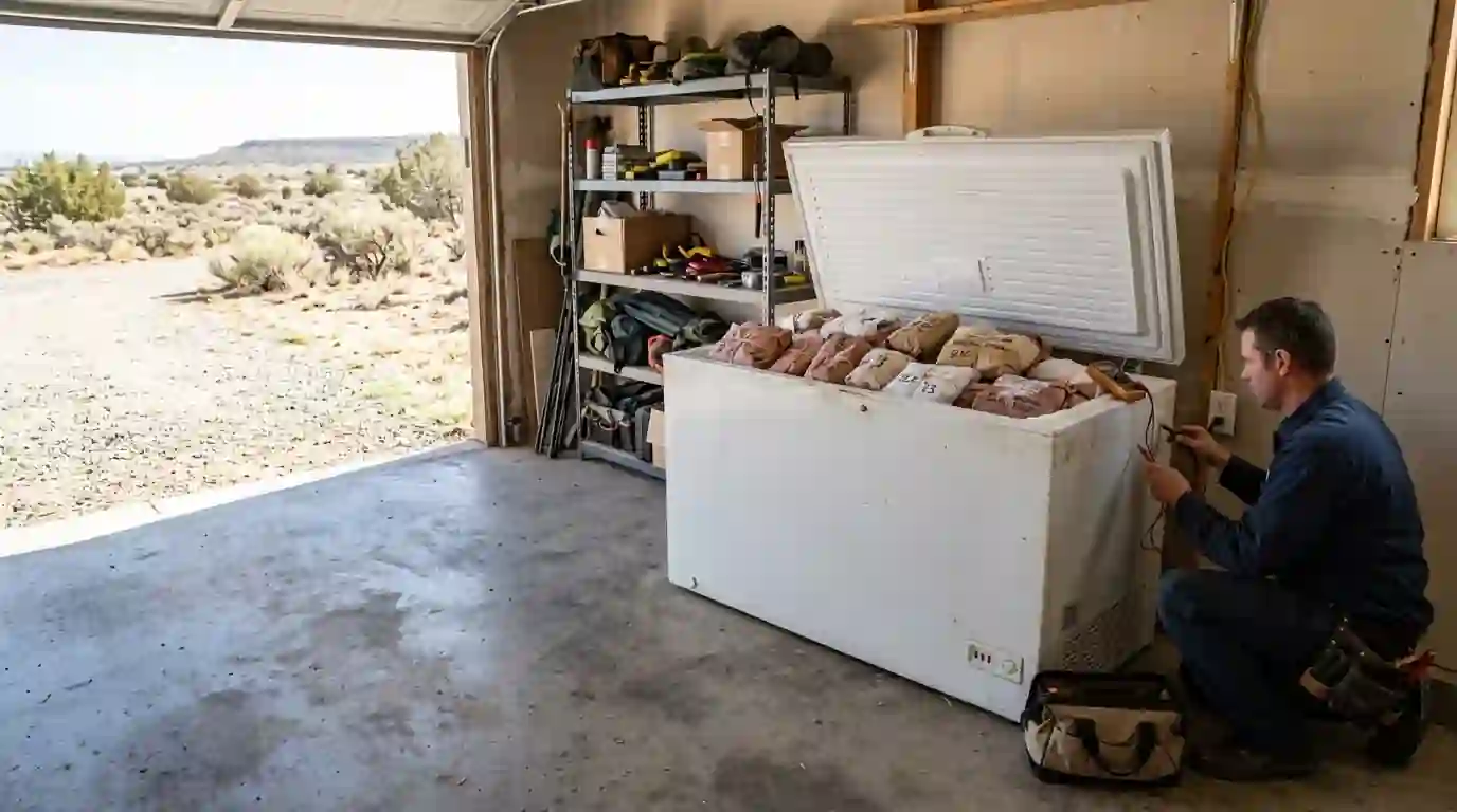 Technician checking a garage chest freezer full of wrapped meat
