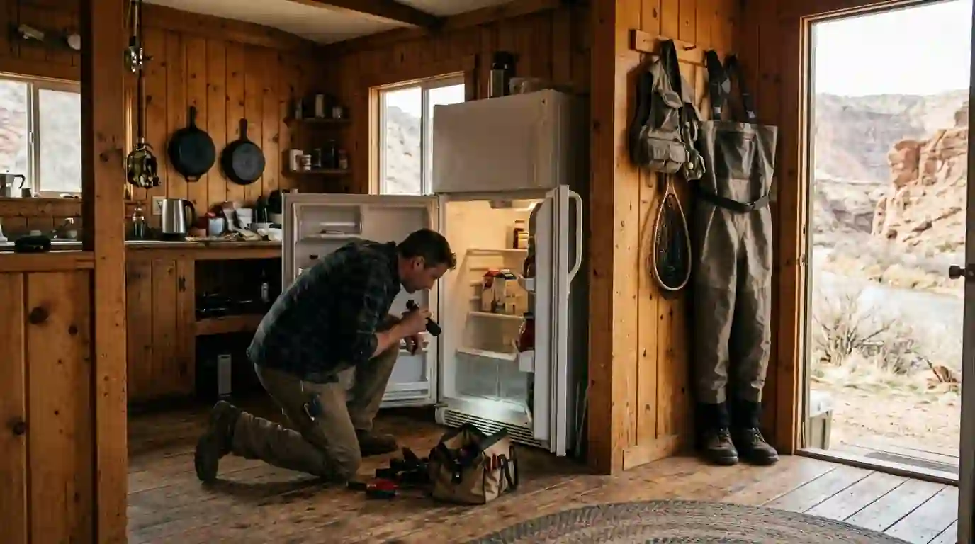 Technician repairing a cabin refrigerator near Navajo Dam