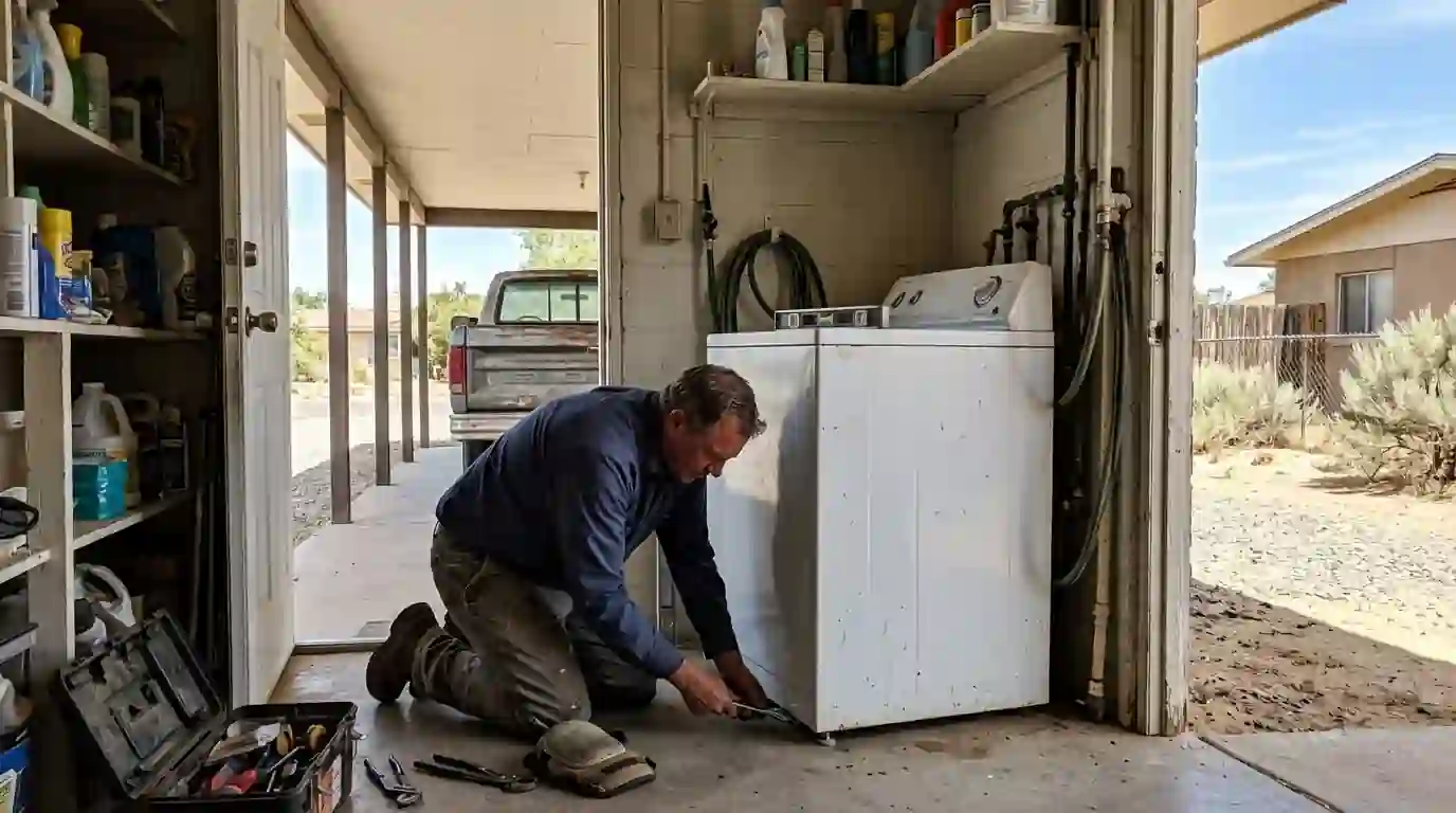 Technician leveling a washer in a Westside Farmington carport laundry room