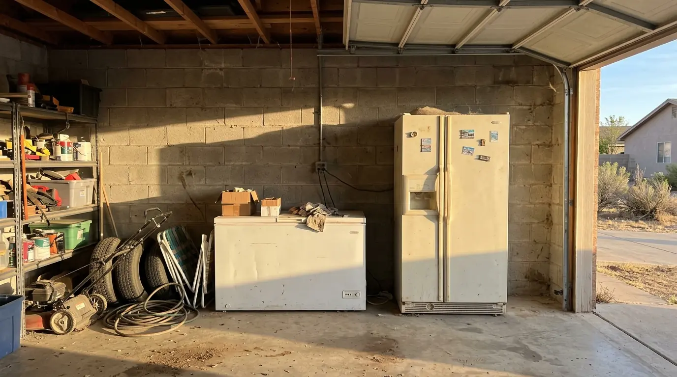 Chest freezer and refrigerator standing in a Farmington garage