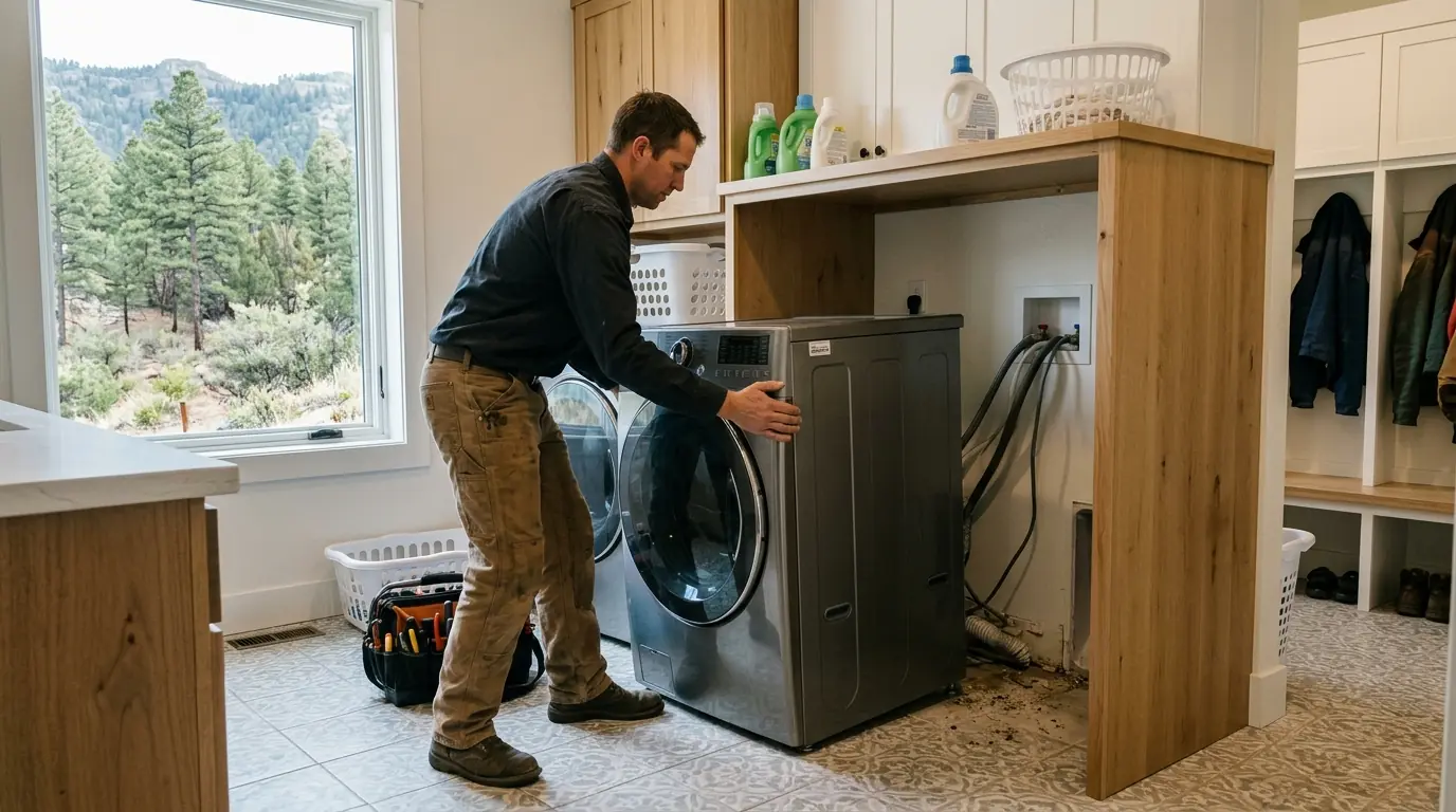 Technician servicing a front-load washer in a Bayfield, Colorado laundry room