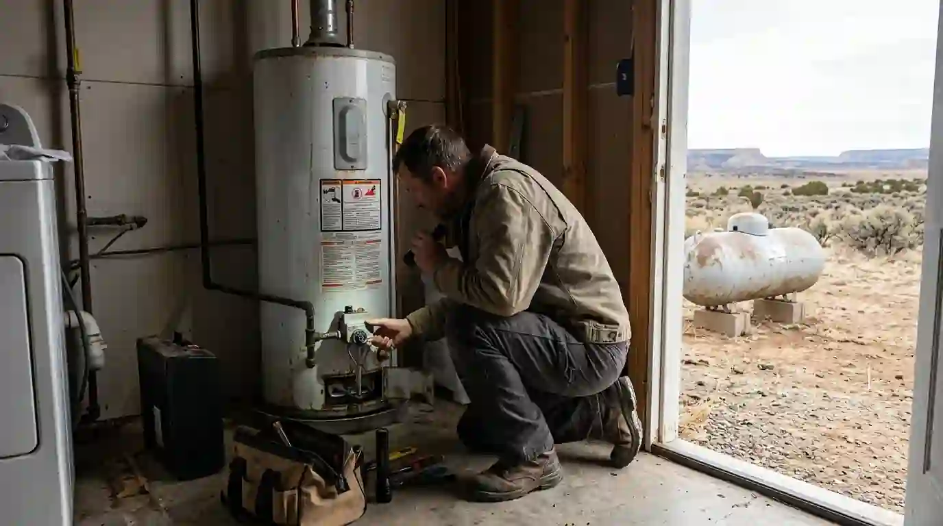 Technician relighting a propane water heater in a Towaoc, Colorado home