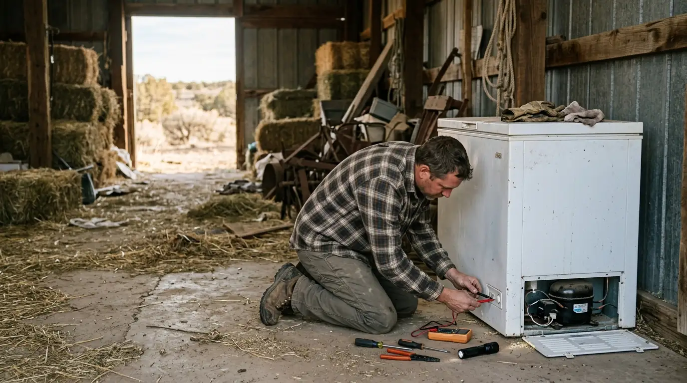 Technician testing a chest freezer relay in a La Plata ranch barn