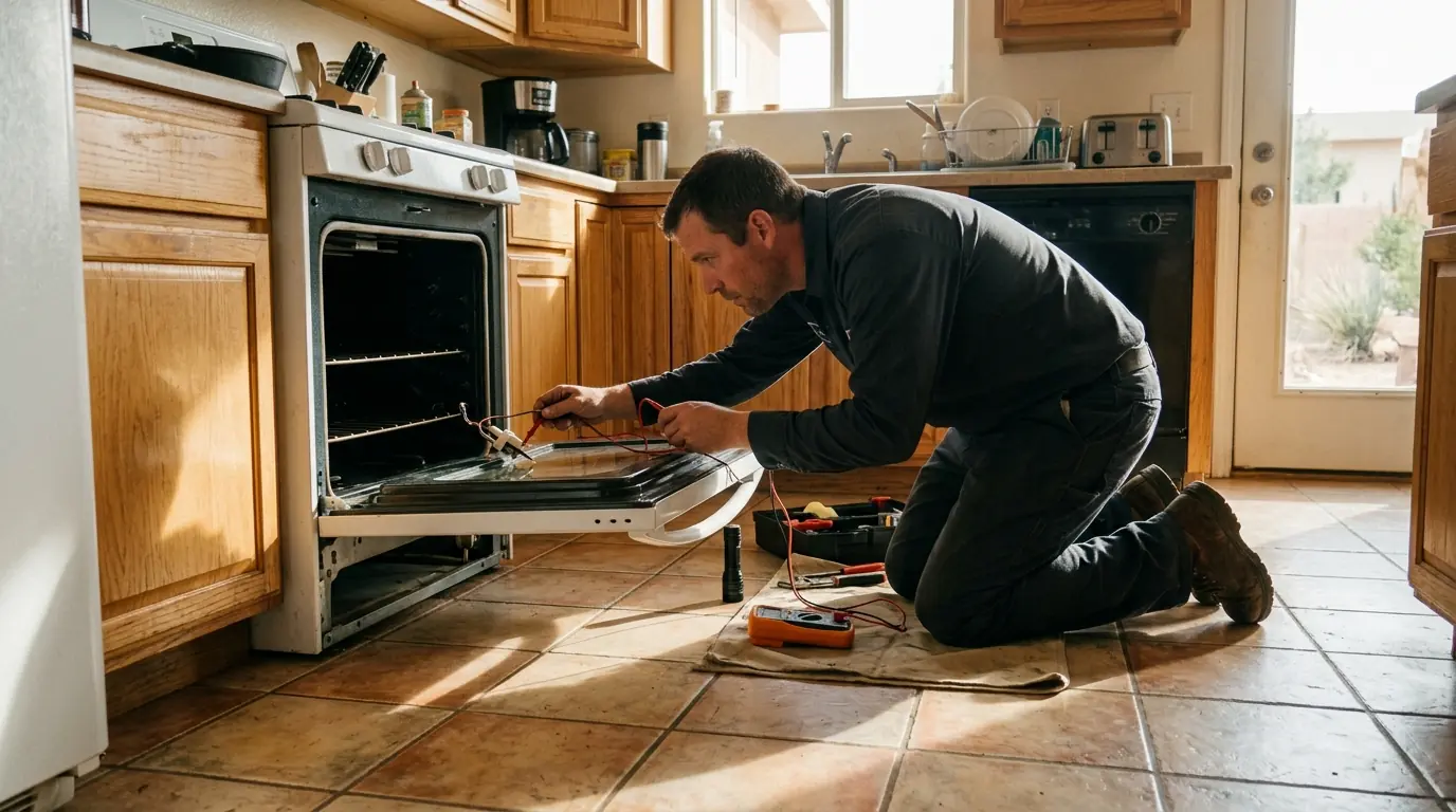Technician testing an oven igniter with a multimeter