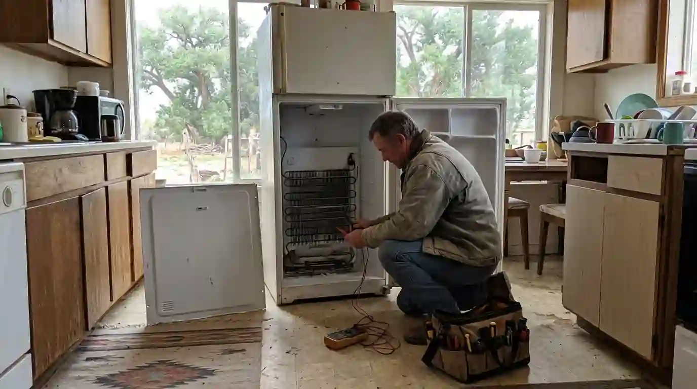 Technician diagnosing a refrigerator in a Waterflow farmhouse kitchen