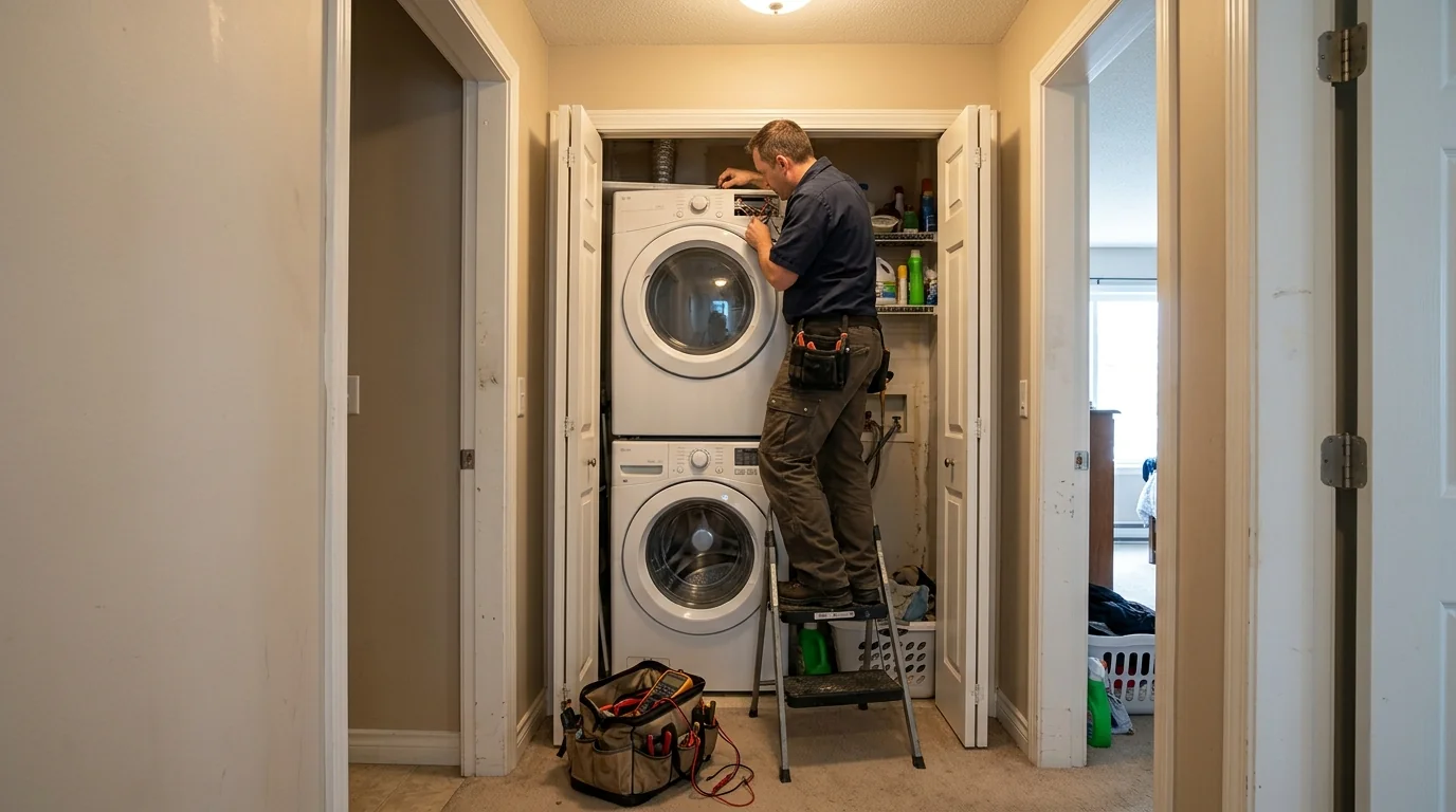 Technician repairing a stacked dryer above a front-load washer in a closet