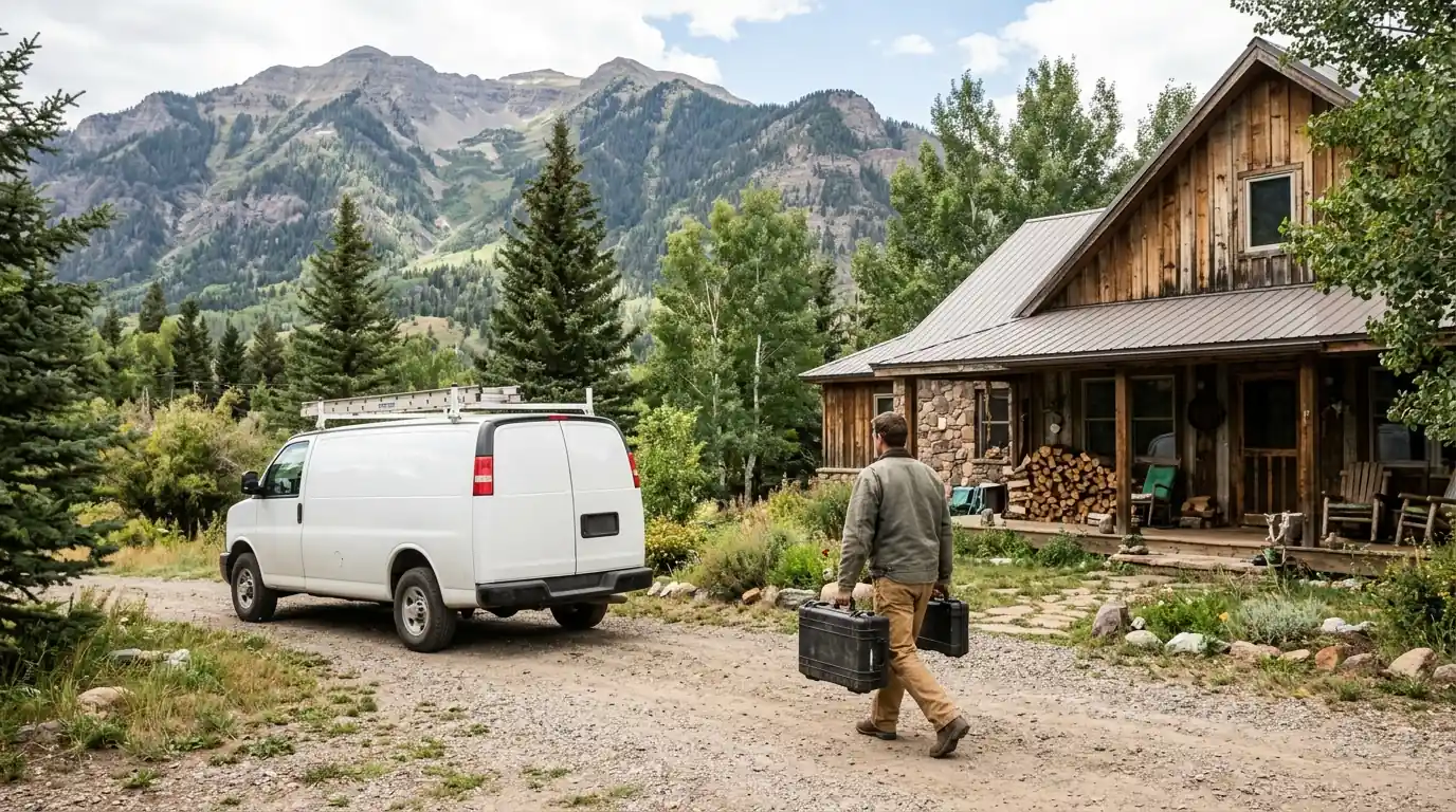 Technician arriving at a rural La Plata County, Colorado home