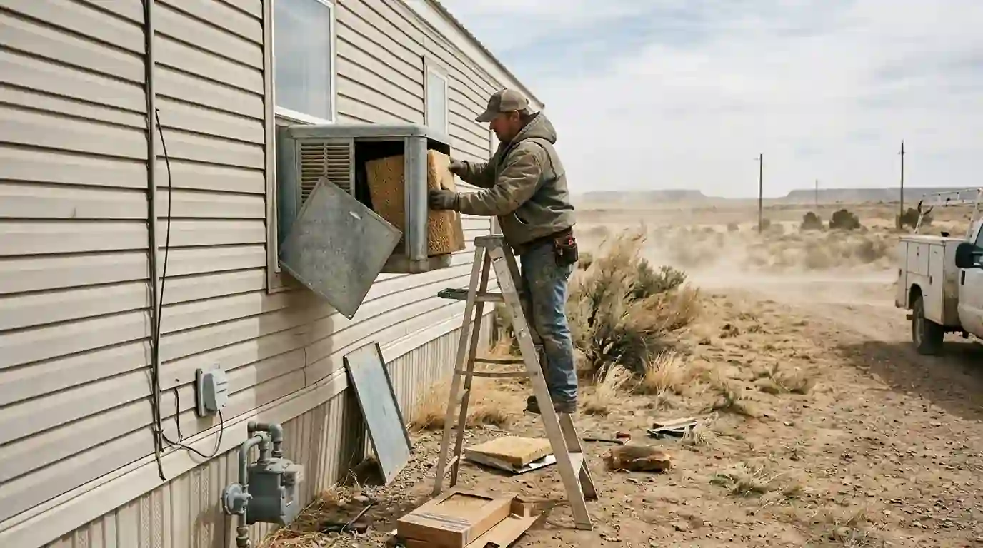 Technician repairing a shop freezer on a Spencerville property