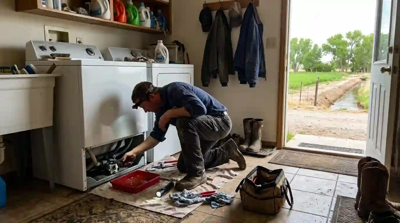 Technician repairing a washer in a West Hammond farmhouse