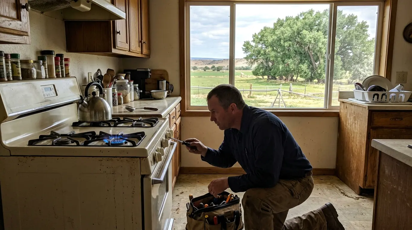 Technician checking a propane range flame in an Ignacio, Colorado farmhouse