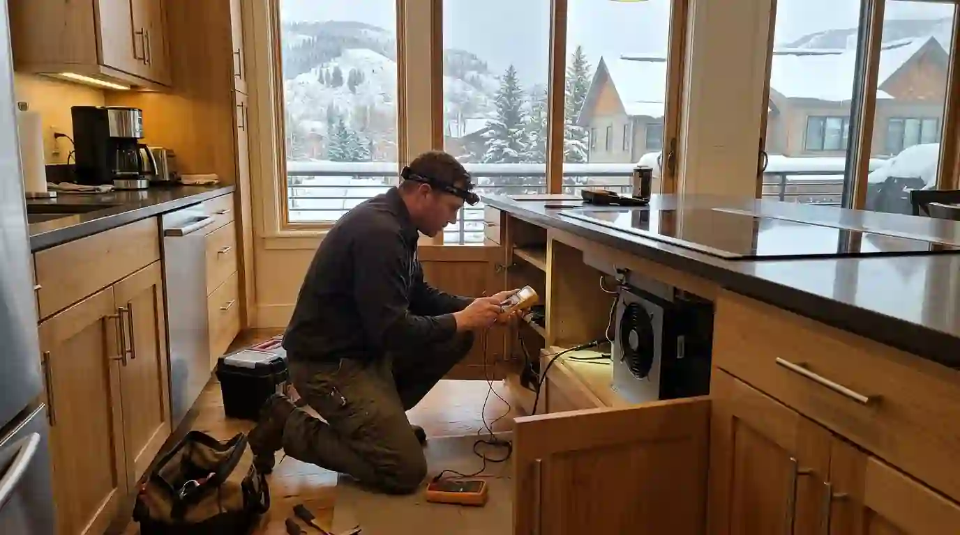 Technician testing an induction cooktop in a Three Springs Durango townhome