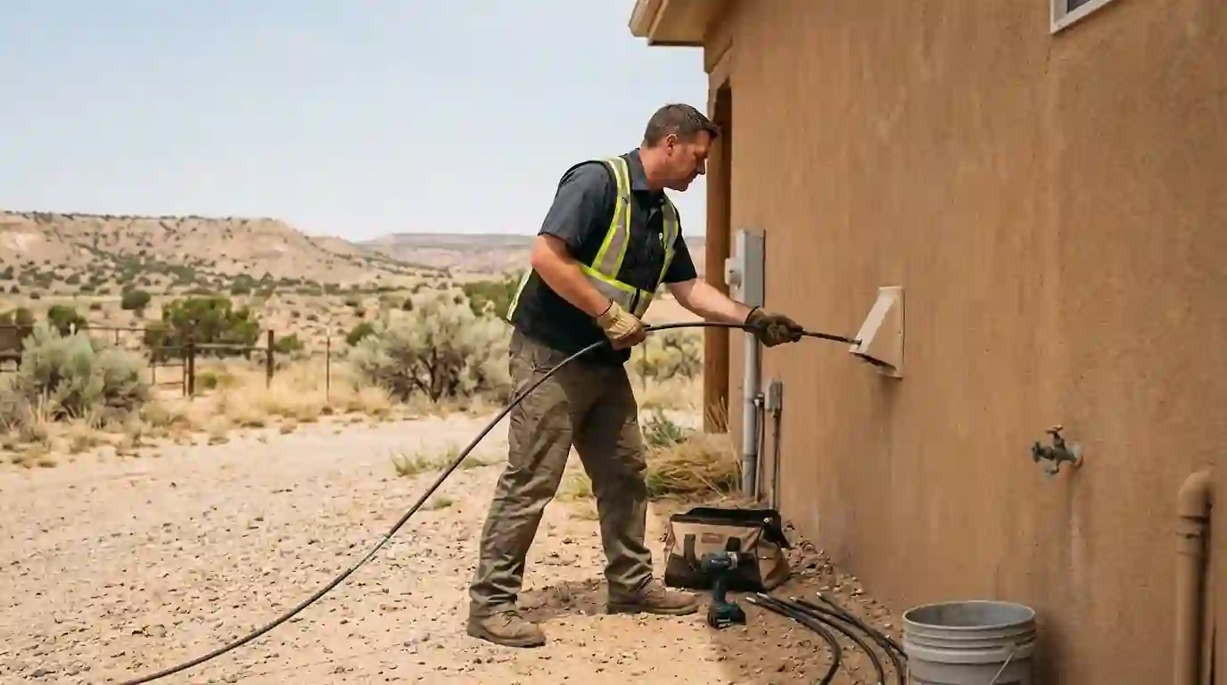 Technician cleaning an exterior dryer vent with a rotary brush