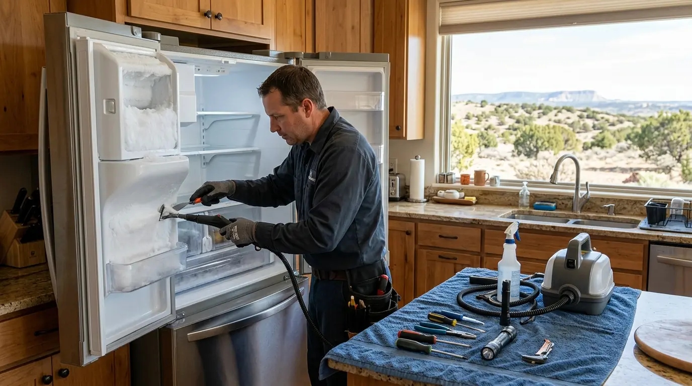Tech clearing ice from a refrigerator ice maker in Farmington