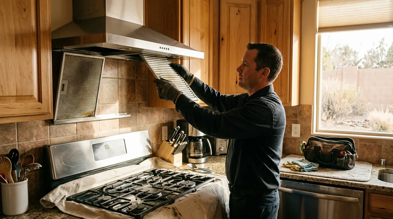 Technician removing a filter from a stainless chimney range hood