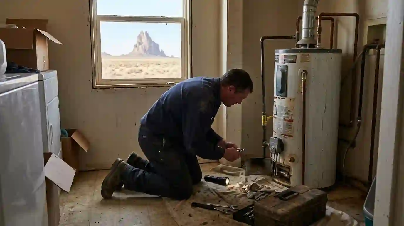 Technician servicing a propane water heater in a Shiprock home