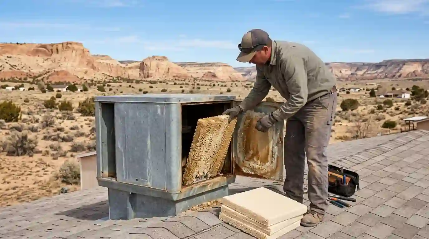 Technician changing swamp cooler pads on a rooftop near The Glade