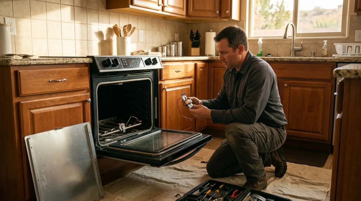 Technician replacing a gas oven igniter in a wall oven