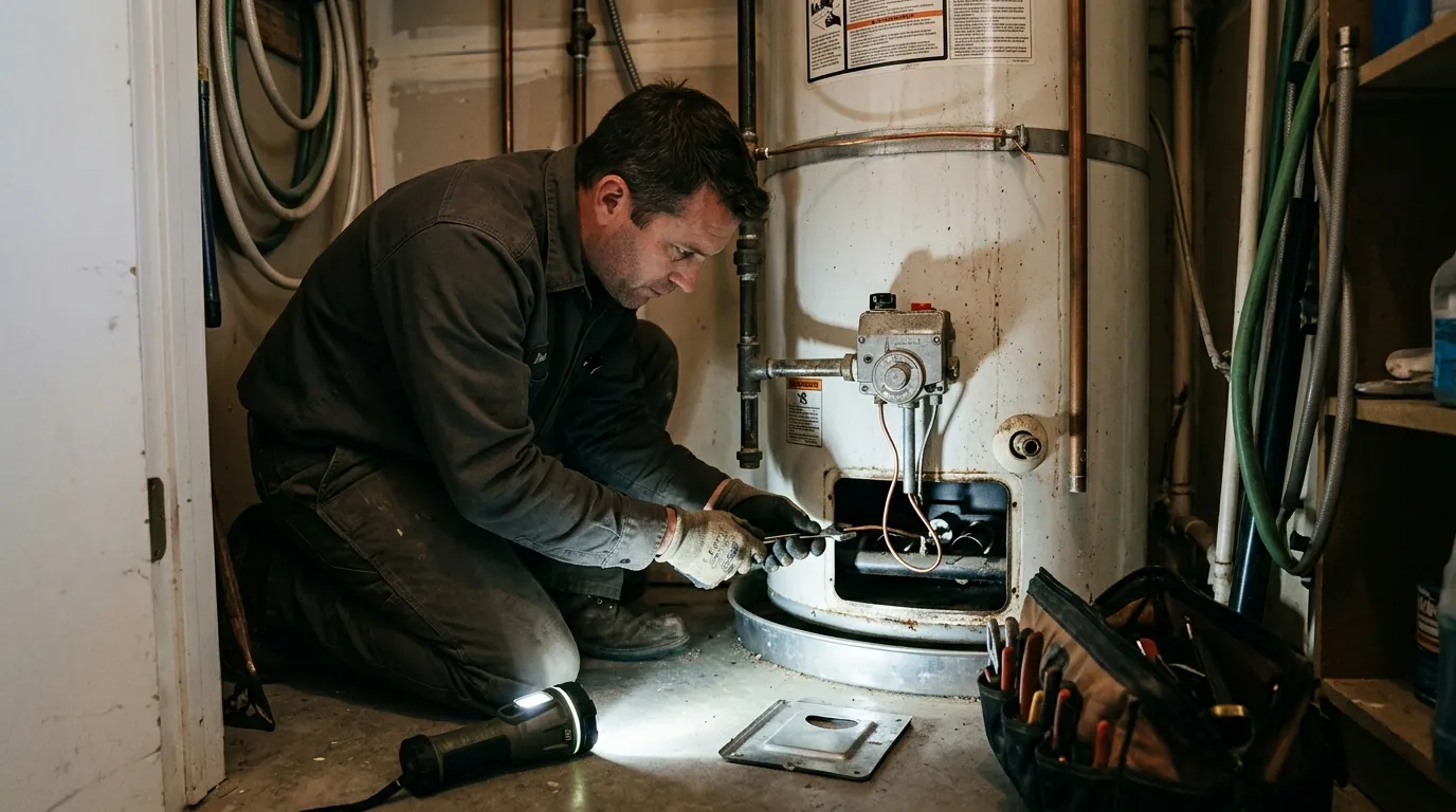 Technician replacing a thermocouple on a gas water heater