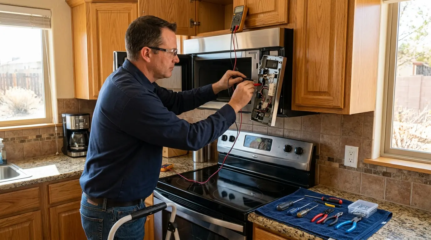 Technician testing an over-the-range microwave in a Farmington kitchen