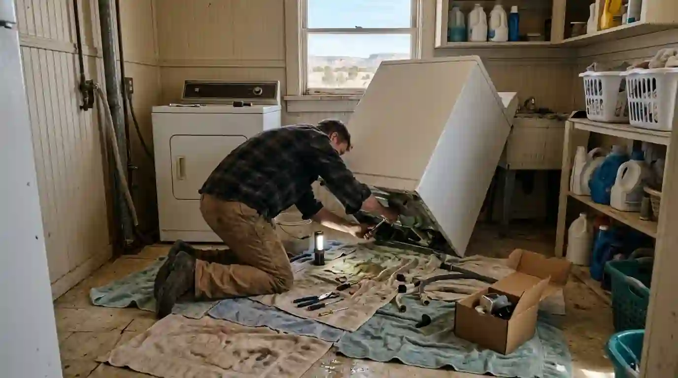 Technician replacing the drain pump on a top-load washer