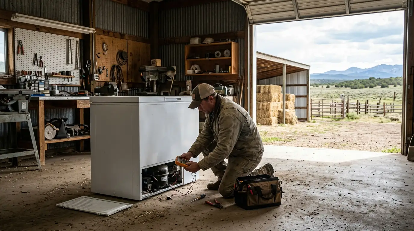 Technician testing a chest freezer in a Hesperus, Colorado ranch shop