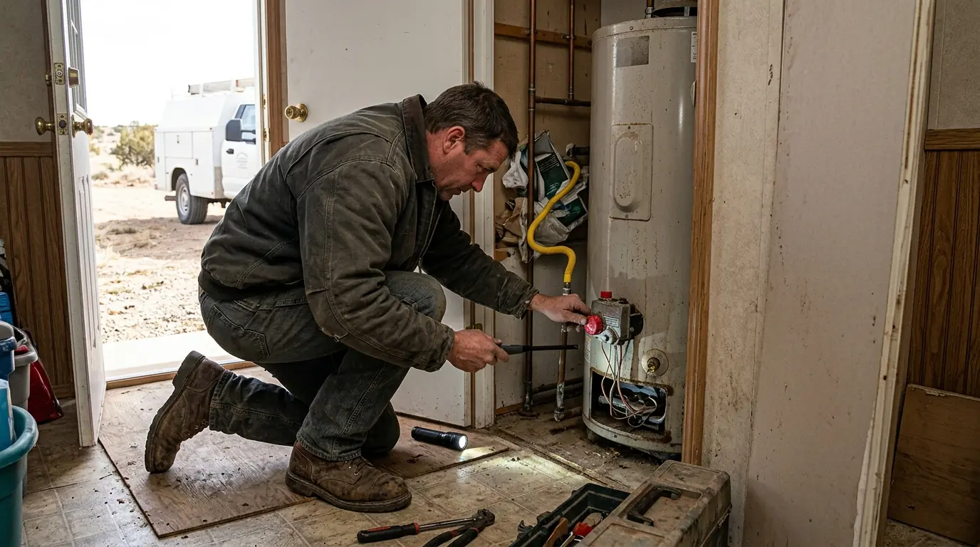 Technician repairing a propane water heater in a Bloomfield manufactured home