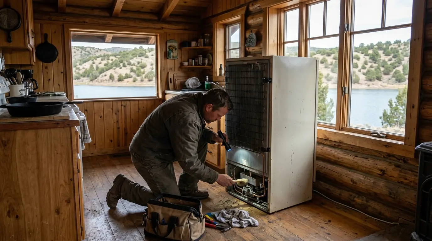 Technician servicing a propane refrigerator in an Arboles lake cabin