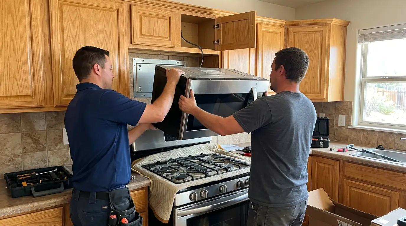 Technicians mounting an over-the-range microwave above a stove