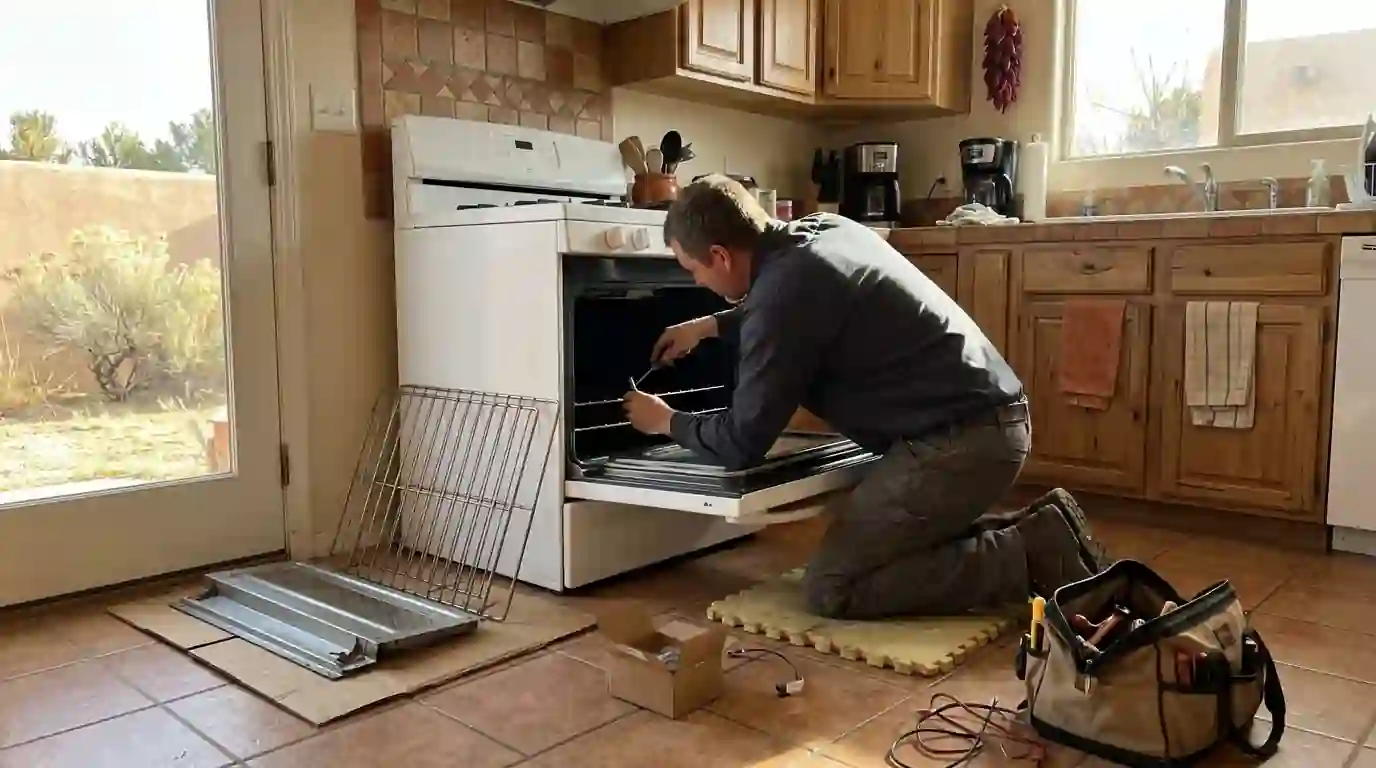 Technician replacing a gas oven igniter in a Farmington kitchen