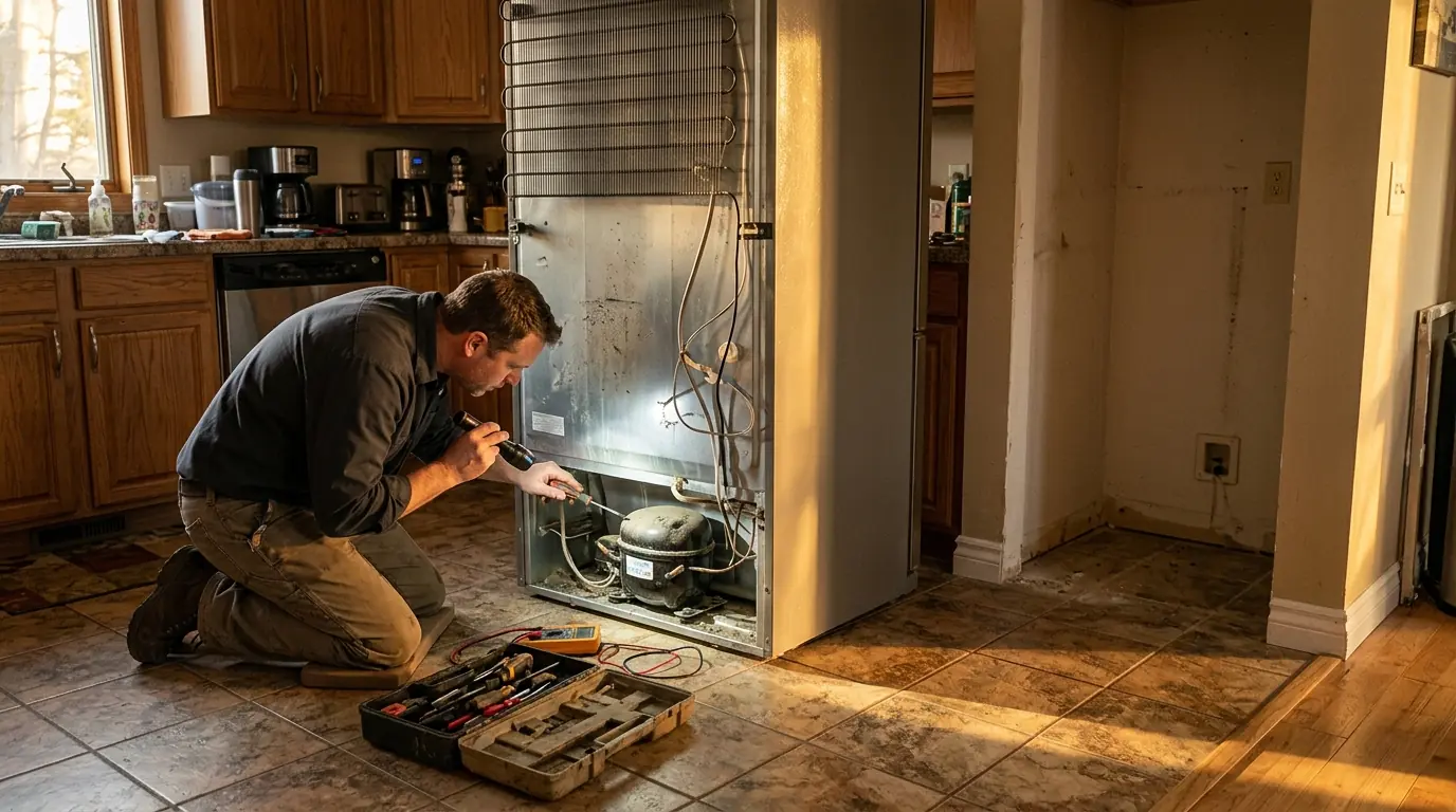 Technician testing a refrigerator compressor in a Farmington kitchen