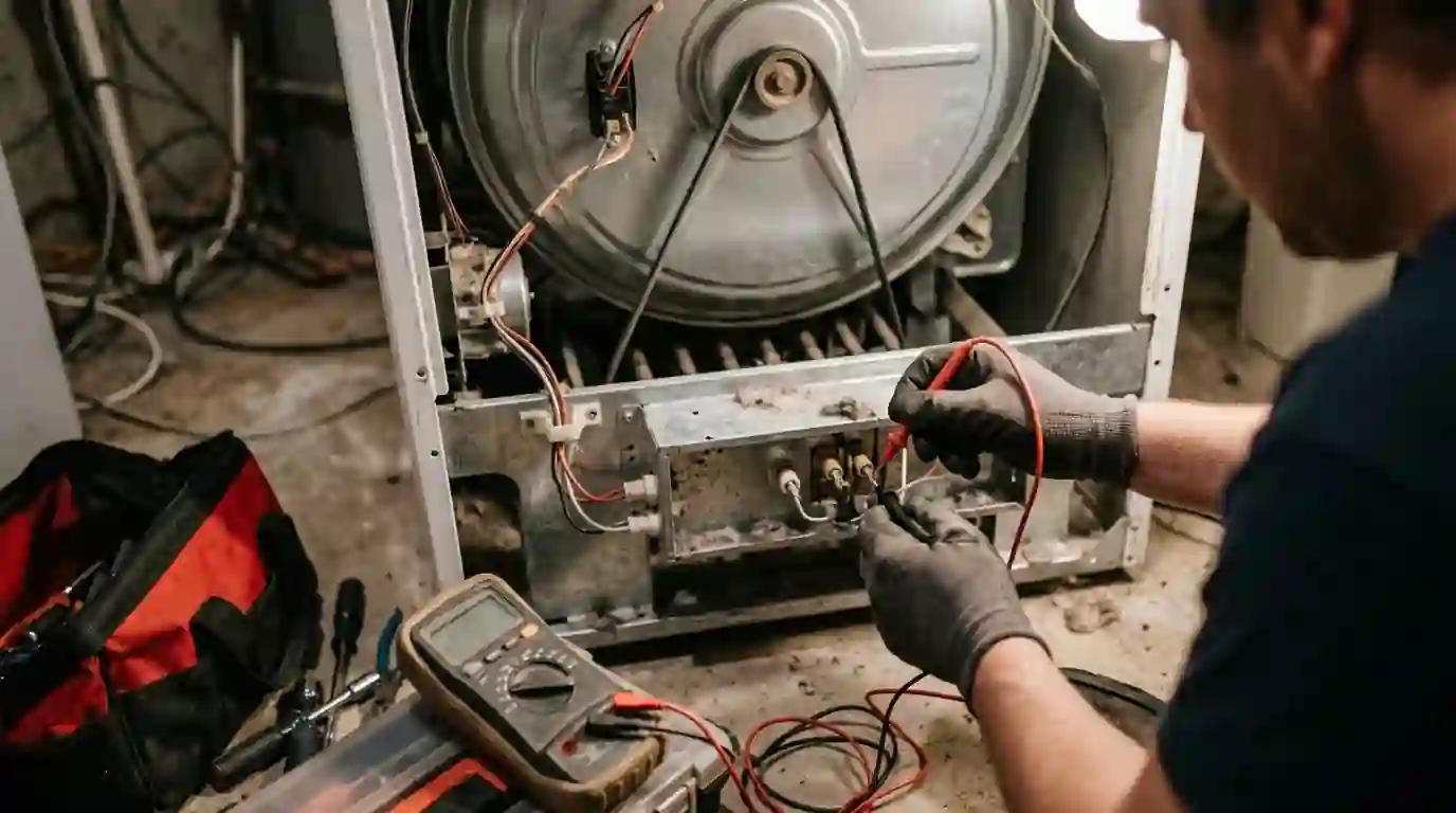Technician testing an electric dryer heating element in a carport laundry room