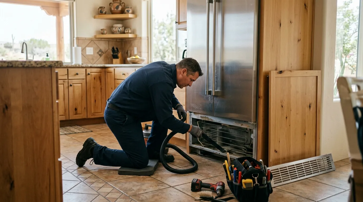 Technician cleaning refrigerator condenser coils in a Farmington kitchen