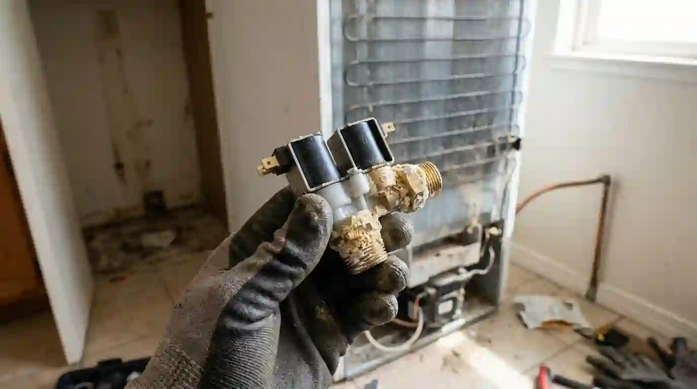 Scaled refrigerator water inlet valve removed for replacement