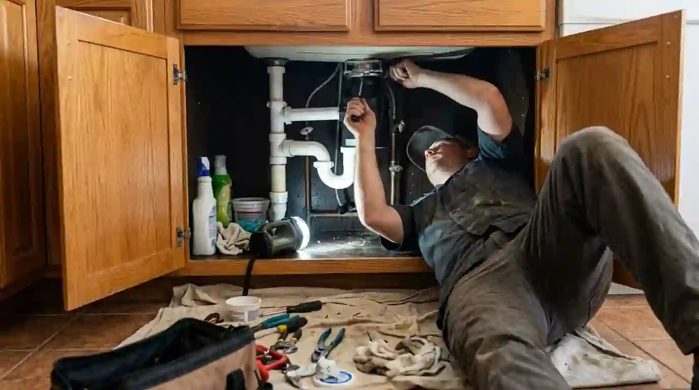 Technician installing a garbage disposal under a kitchen sink