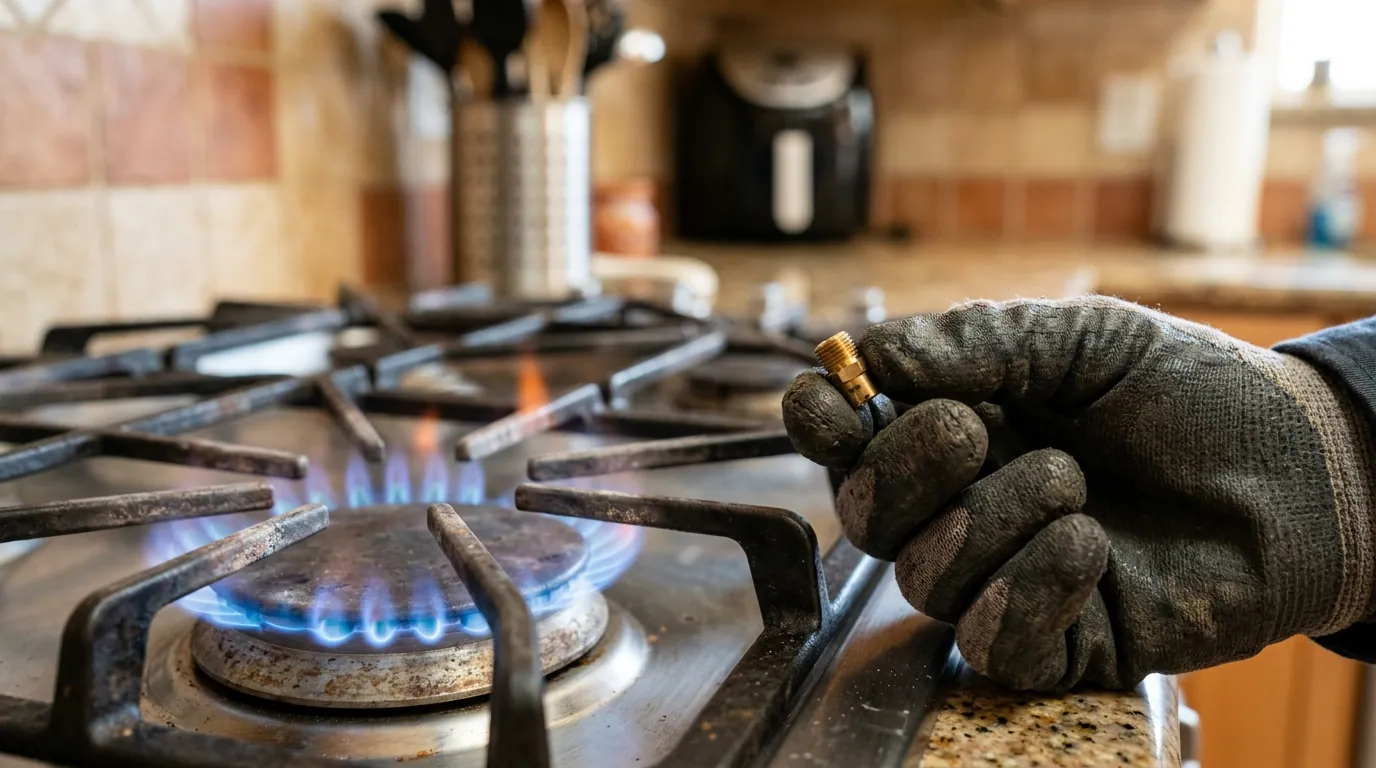 Blue gas burner flame with a brass orifice held nearby