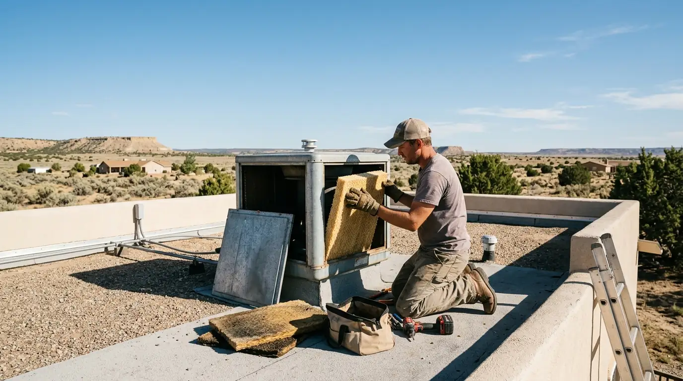 Technician replacing swamp cooler pads on a Farmington roof
