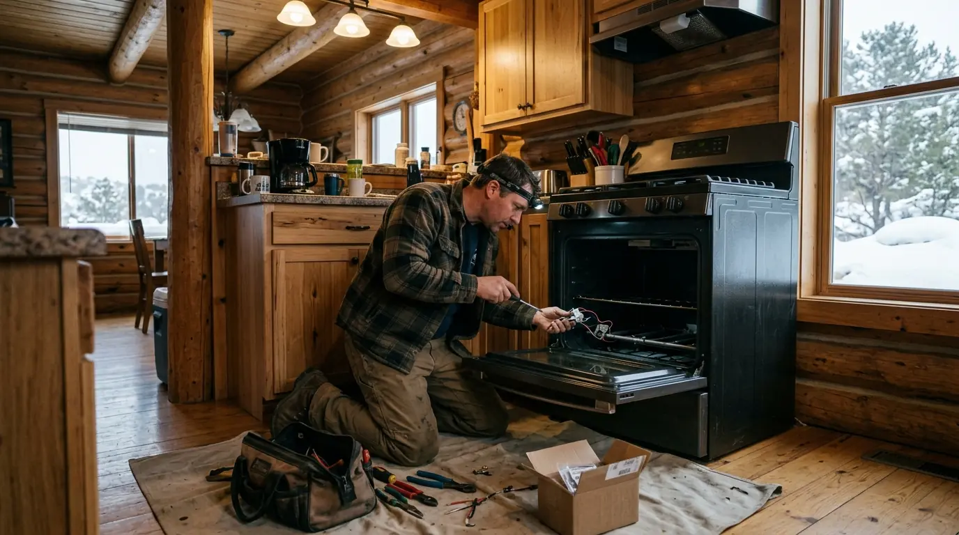 Technician replacing a propane oven igniter in a Mancos, Colorado cabin