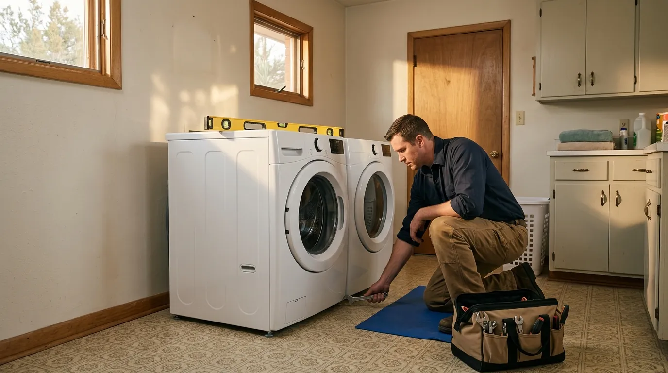 Technician leveling a new washer and dryer in a Farmington laundry room