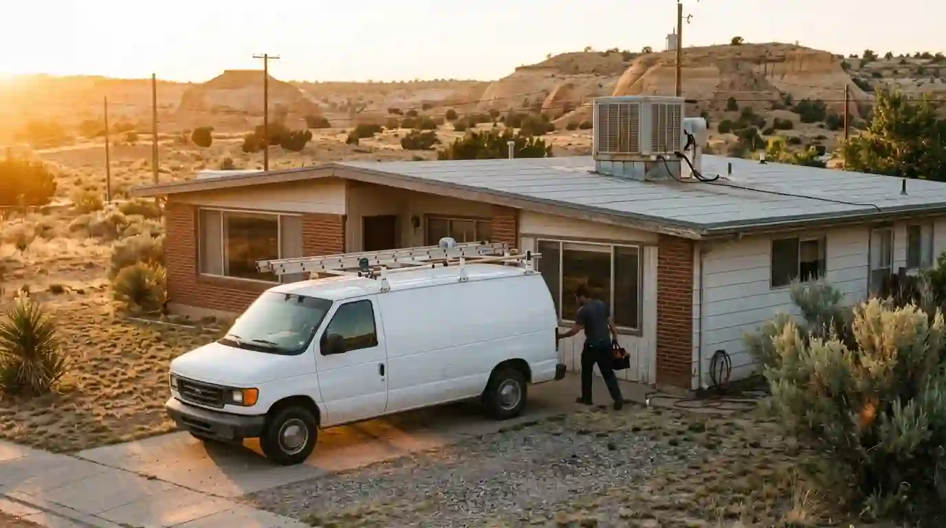Repair van outside a ranch home with a rooftop swamp cooler