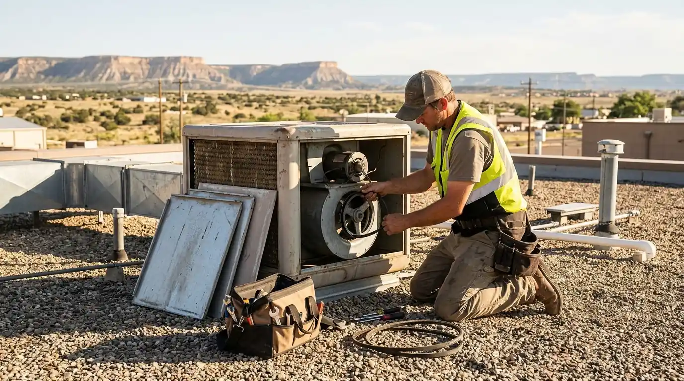 Technician replacing the belt on a rooftop swamp cooler