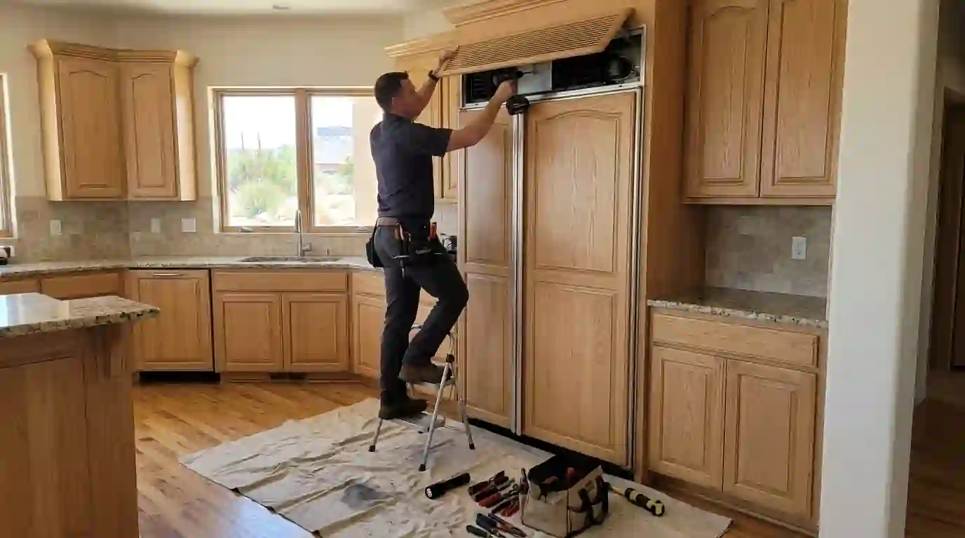 Technician opening the top grille of a built-in refrigerator