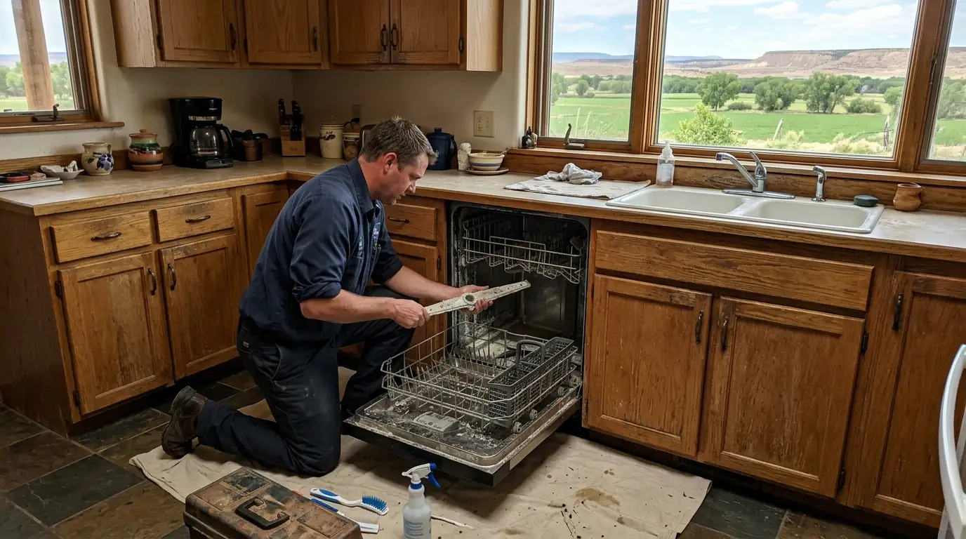Technician cleaning hard water scale from a dishwasher in Kirtland