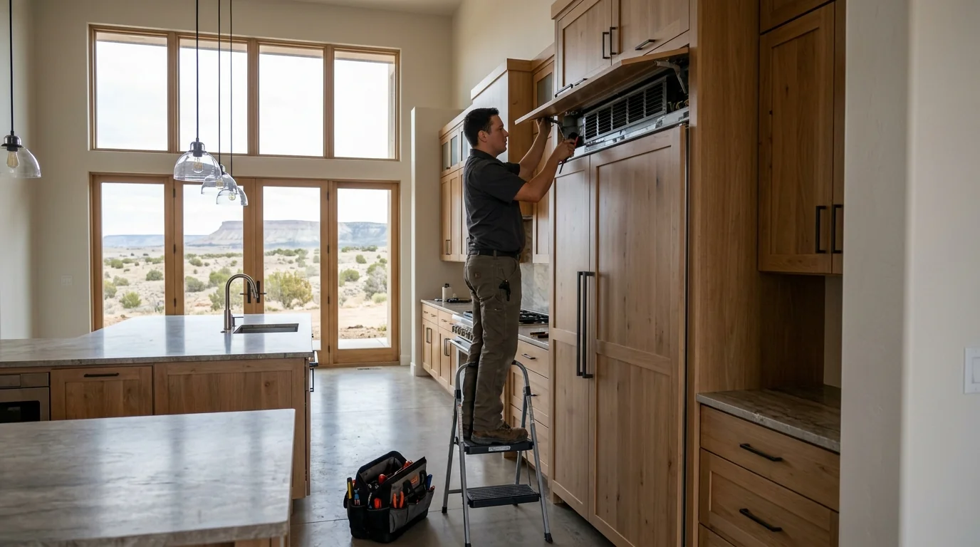Technician servicing a built-in refrigerator in a Foothills Farmington kitchen