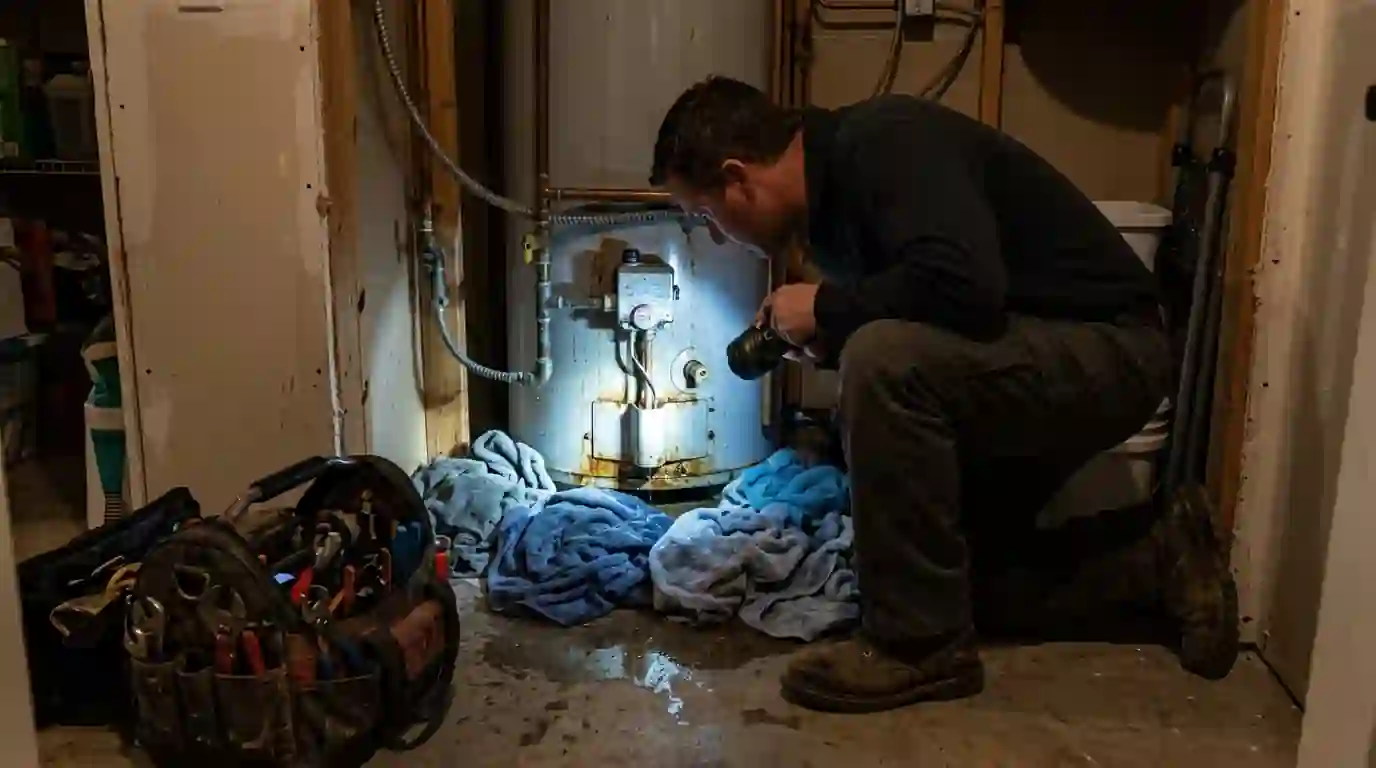 Technician checking a leaking water heater at night in Farmington